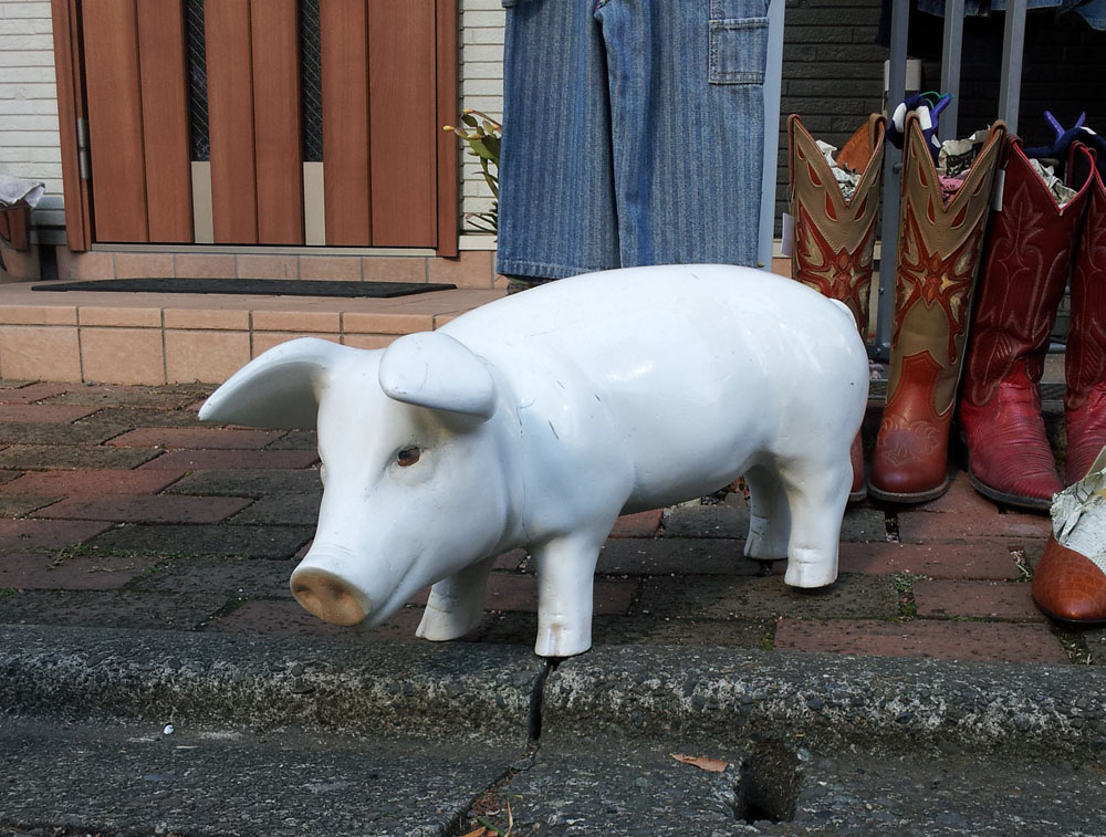 Small pig statue at a second-hand boutique in the backstreets of Futako-Tamagawa - Jan. 12, 2014